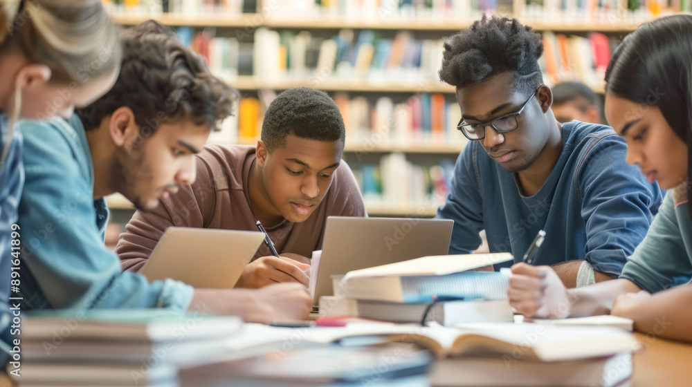 Diverse Group of Students Collaborating on Study Project in Library