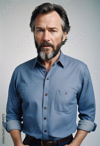 Waist up portrait of handsome serious unshaven male keeps hands together