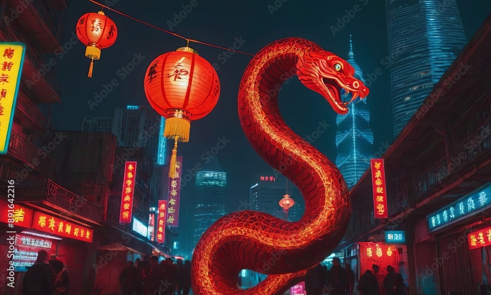 A red snake is shown in a city street with many Chinese signs A red snake is shown in a city street with many Chinese signs