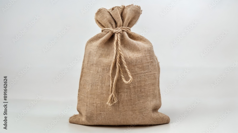 Burlap sack closed with a rope on a white background. AI generated. Burlap sack closed with a rope on a white background. AI generated.