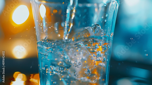 Water splashes in a clear glass with glowing bokeh lights creating a dynamic and refreshing scene. photo