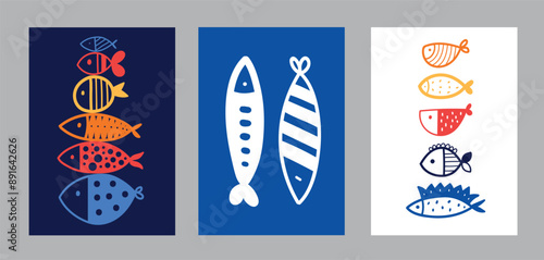 interior poster with fish.  Cute set. Vector illustration. 