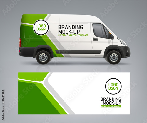 Branding Van Mock-up for corporate identity company. Abstract graphics of green stripes. Branding vehicle. Vector Van with branding design livery. Abstract business background for flyer or banner