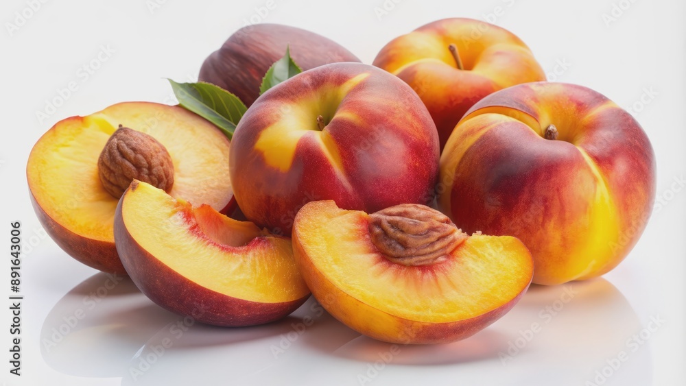 Freshly sliced peaches in various shapes and sizes, isolated on a clean white background, ready for culinary composition. Freshly sliced peaches in various shapes and sizes, isolated on a clean white background, ready for culinary composition.