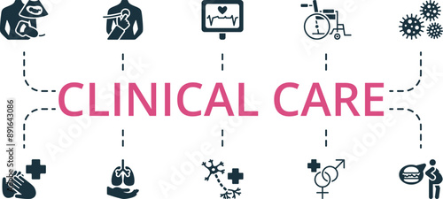 Clinical Care icon set. Monochrome simple Clinical Care icon collection. Herbal Medicine, Online Diagnosis, Stretcher, Ambulance, Blood Pressure, Medical Support, Organ Donation, Neurology, Sexology