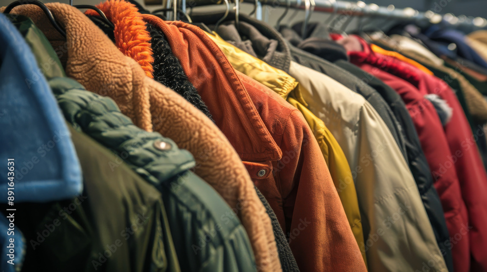 A collection of colorful, warm coats neatly arranged on hangers, showcasing an array of textures and hues in a well-organized wardrobe. A collection of colorful, warm coats neatly arranged on hangers, showcasing an array of textures and hues in a well-organized wardrobe.