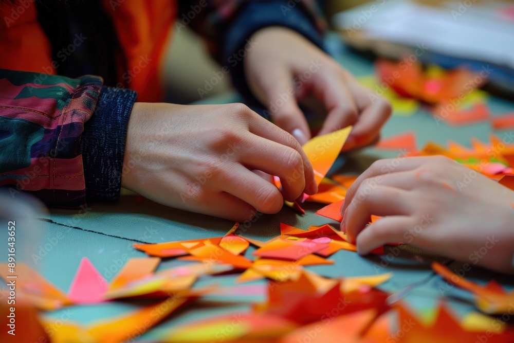 A close-up of a students hands carefully cutting paper shapes for a craft project A close-up of a students hands carefully cutting paper shapes for a craft project