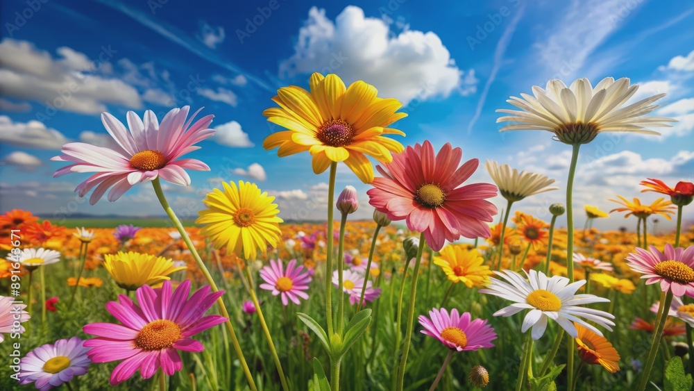 Vibrant yellow, orange, pink, and white daisy flowers bloom in a lush green meadow against a bright blue sky background. Vibrant yellow, orange, pink, and white daisy flowers bloom in a lush green meadow against a bright blue sky background.