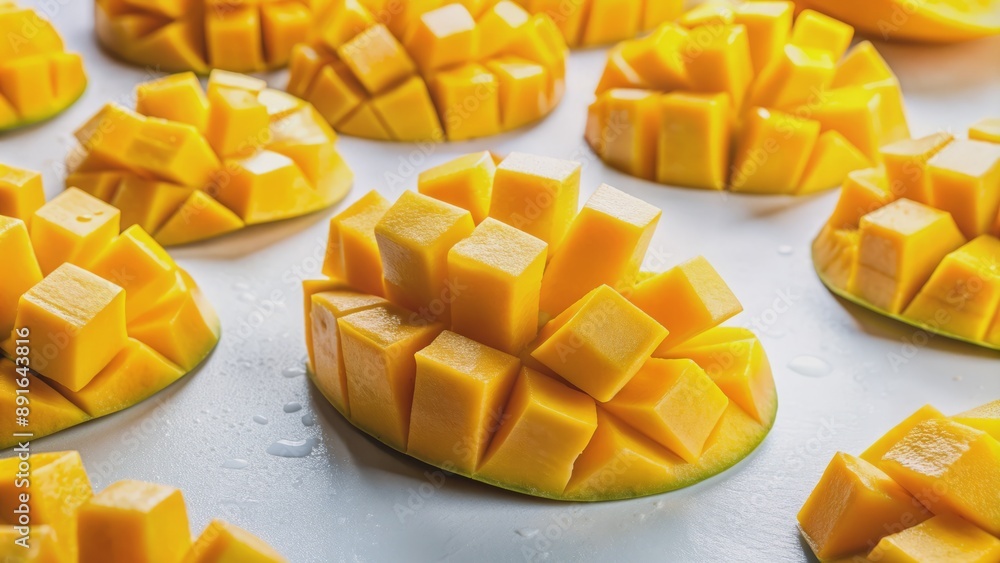 Vibrant yellow mango chunks scattered randomly on a pristine white background, showcasing natural texture and enticing juicy freshness. Vibrant yellow mango chunks scattered randomly on a pristine white background, showcasing natural texture and enticing juicy freshness.