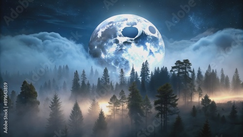Eerie full moon casts an ominous glow over a dark, mist-shrouded forest, towering trees loom like sentinels in the night.