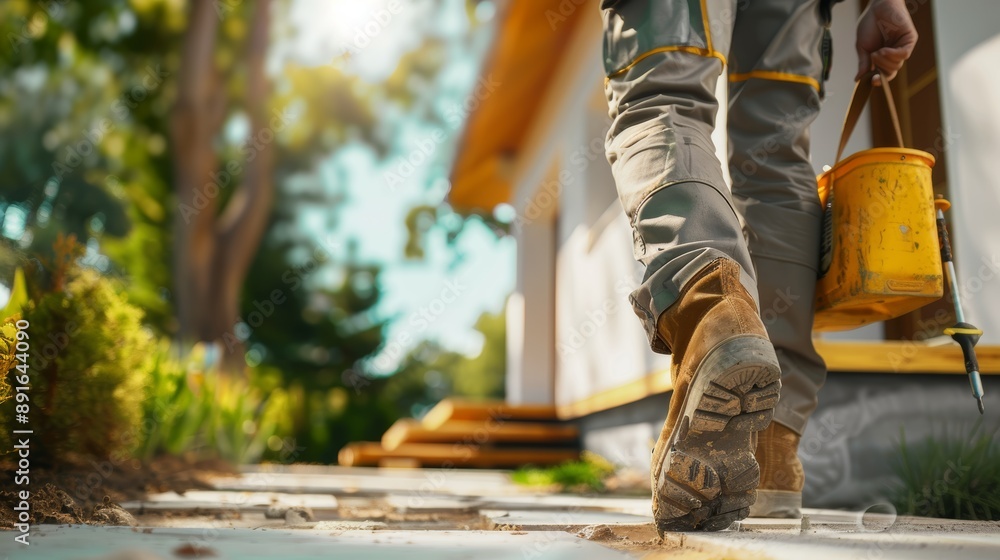 Close-up of Professional repairman walking to modern house under construction or renovated. Close-up of Professional repairman walking to modern house under construction or renovated.