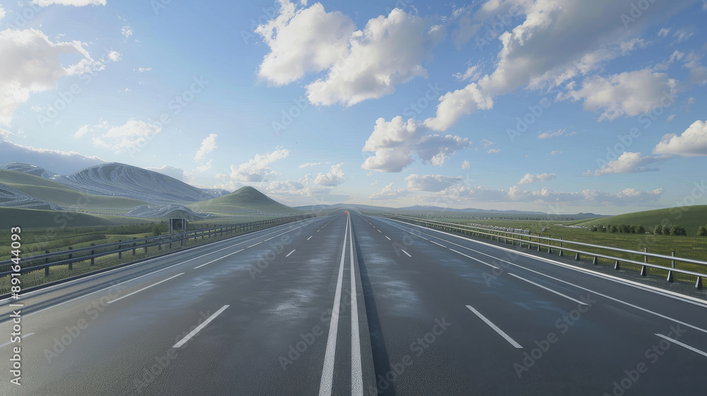 A long, empty highway stretches into the horizon under a bright blue sky with scattered clouds and green hills lining either side. A long, empty highway stretches into the horizon under a bright blue sky with scattered clouds and green hills lining either side.