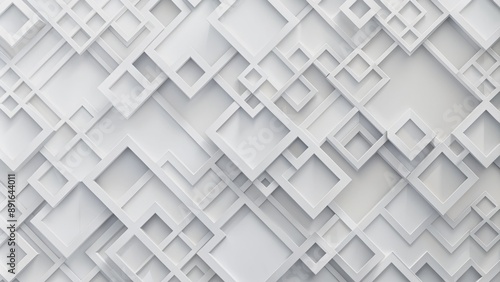 Geometric abstract white background featuring intricate pattern of interconnected squares with subtle texture and clean minimalistic design elements.