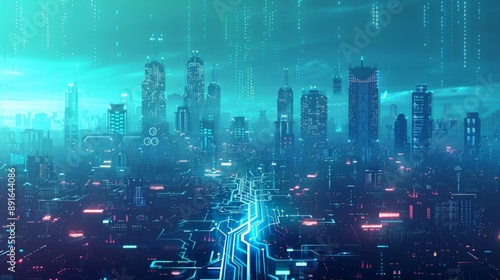 Futuristic Smart Cyber City illustration: Innovative Urban Landscape in Digital Circuitry, futuristic technology concept, Graphic Resources, Wallpapers, Brochure, Websites, banner design, Advertising,