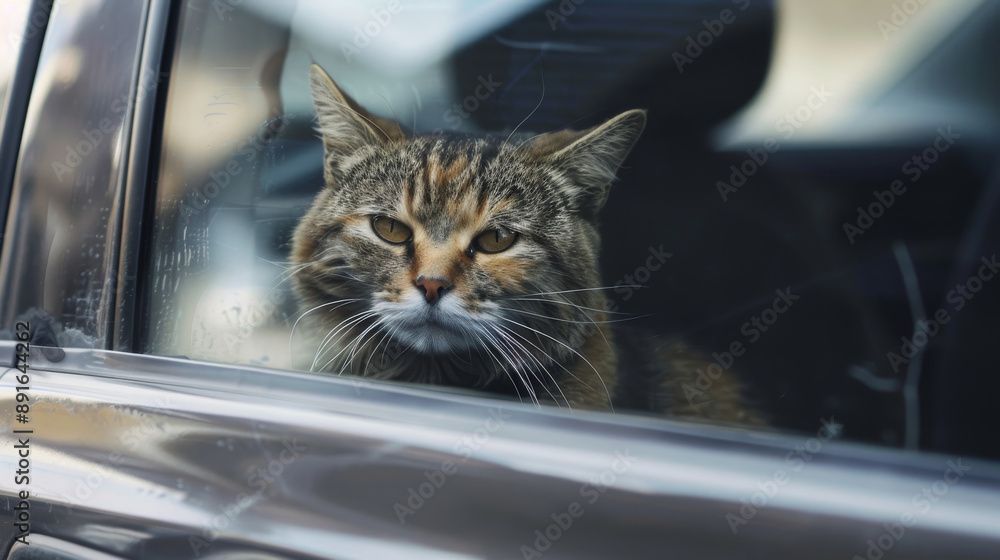 A fluffy cat with a serious demeanor sitting inside a car, gazing out the side window, lost in thought on a quiet day. A fluffy cat with a serious demeanor sitting inside a car, gazing out the side window, lost in thought on a quiet day.