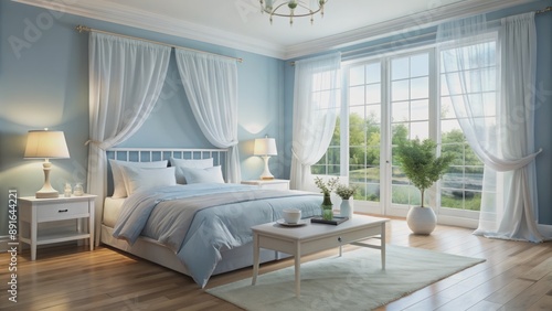 Calmness exudes from this peaceful blue and white bedroom with soft curtains gently swaying in serene morning ambiance.