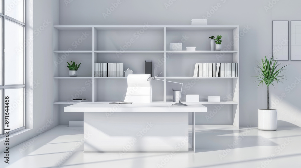 Seamless, well-lit white office featuring a large window, minimalist decor, and a peaceful work environment.