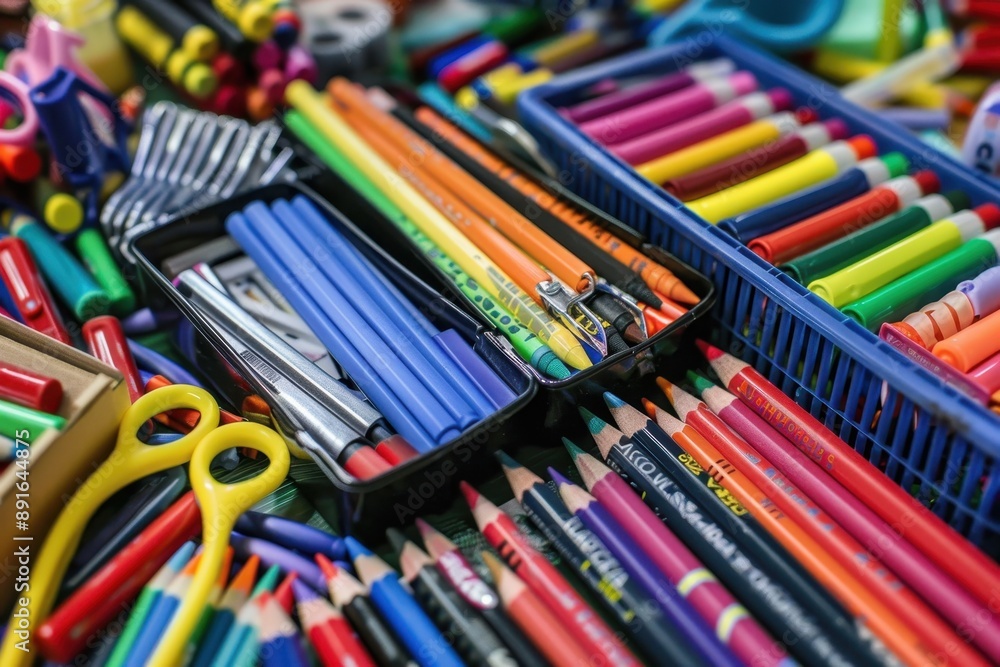 A close-up of colorful school supplies like crayons, markers, scissors, and glue sticks arranged on a table. A close-up of colorful school supplies like crayons, markers, scissors, and glue sticks arranged on a table.