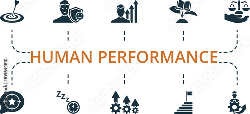 Human Performance icon set. Monochrome simple Human Performance icon collection. Motivation, Brain Power, Procrastination, Career Choise, Good Sense, Intention, Sleeping Time, Priorities, Mission