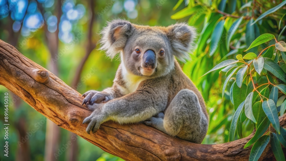Fototapeta premium A serene solitary koala bear lounges on a branch amidst lush green eucalyptus leaves in a sturdy Australian tree trunk.