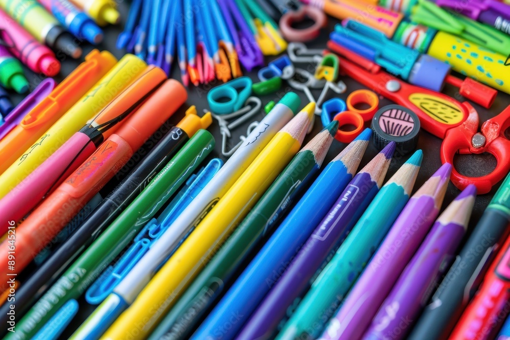 A close-up of colorful school supplies like crayons, markers, scissors, and glue sticks arranged on a table. A close-up of colorful school supplies like crayons, markers, scissors, and glue sticks arranged on a table.