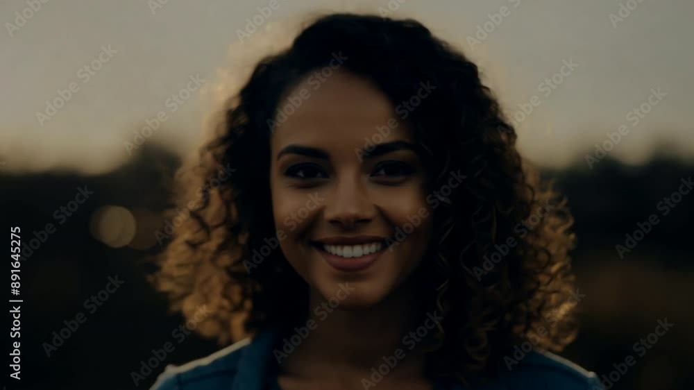 A woman with curly hair is smiling and looking at the camera. The image ...