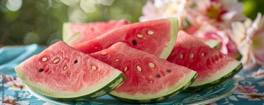 Slices of juicy watermelon at a summer picnic, vibrant colors, realistic, detailed textures, summer harvest Slices of juicy watermelon at a summer picnic, vibrant colors, realistic, detailed textures, summer harvest