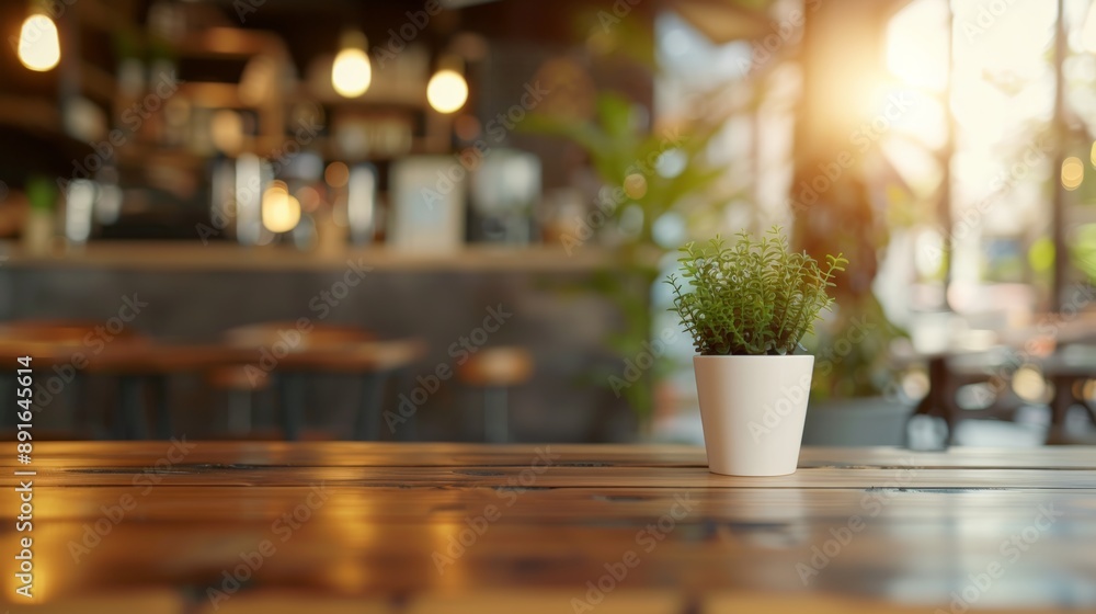 Cozy cafe interior with a small potted plant on a wooden table and warm lighting giving a welcoming atmosphere Cozy cafe interior with a small potted plant on a wooden table and warm lighting giving a welcoming atmosphere