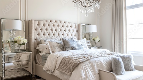 A chic transitional bedroom with a tufted headboard