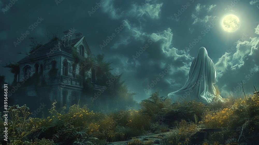A ghostly apparition gliding over the overgrown grounds of an abandoned house, moonlight casting eerie shadows, Gothic, Digital Art, Cool Tones, High Detail A ghostly apparition gliding over the overgrown grounds of an abandoned house, moonlight casting eerie shadows, Gothic, Digital Art, Cool Tones, High Detail