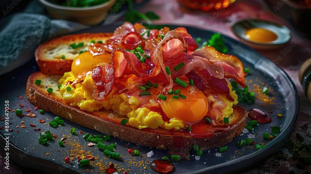 Delicious breakfast with scrambled eggs, crispy bacon on toast, garnished with fresh herbs on a plate. Delicious breakfast with scrambled eggs, crispy bacon on toast, garnished with fresh herbs on a plate.