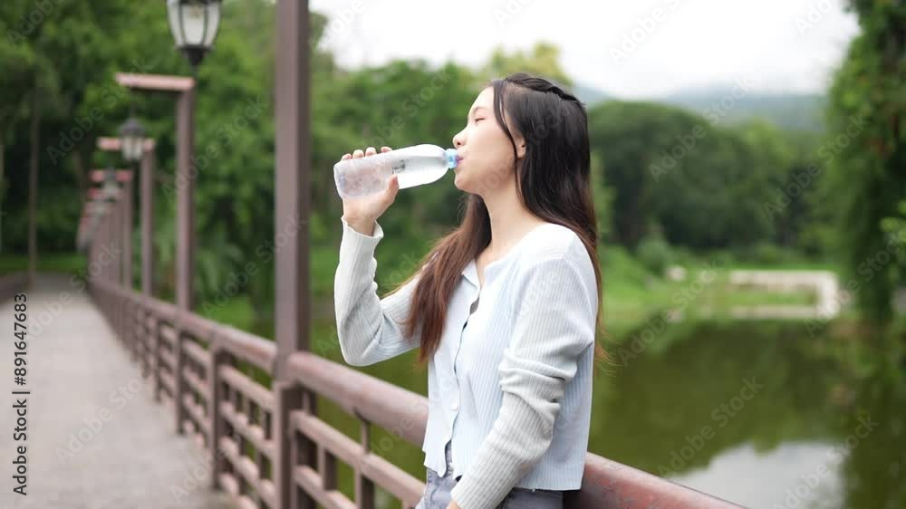 Asian woman standing on a bridge, drinking water from a bottle, wearing a light blue top. The background is filled with lush green trees. Asian woman standing on a bridge, drinking water from a bottle, wearing a light blue top. The background is filled with lush green trees.