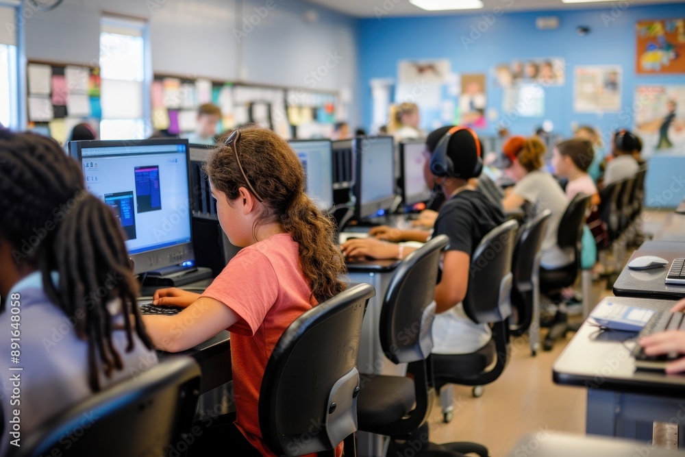 A computer lab filled with students learning to type and use educational software. A computer lab filled with students learning to type and use educational software.