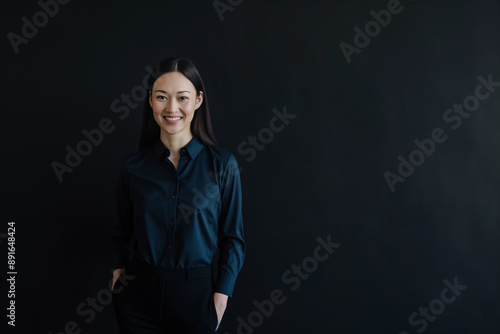 Confident Young Woman Smiling Against Dark Background 