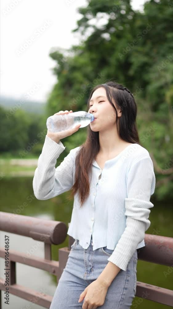 Asian woman standing on a bridge, drinking water from a bottle, wearing a light blue top. The background is filled with lush green trees. Asian woman standing on a bridge, drinking water from a bottle, wearing a light blue top. The background is filled with lush green trees.
