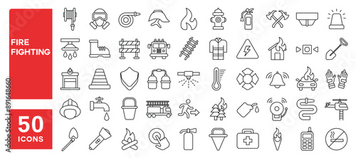 Set of 50 line icons related to fire fighting, precautions, emergency, fireman, hose hydrant, burn, rescue, Editable stroke. Vector illustration