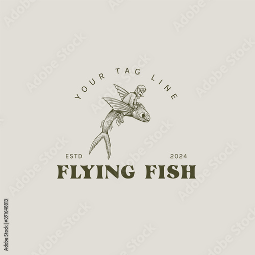 flying fish logo in engraving style