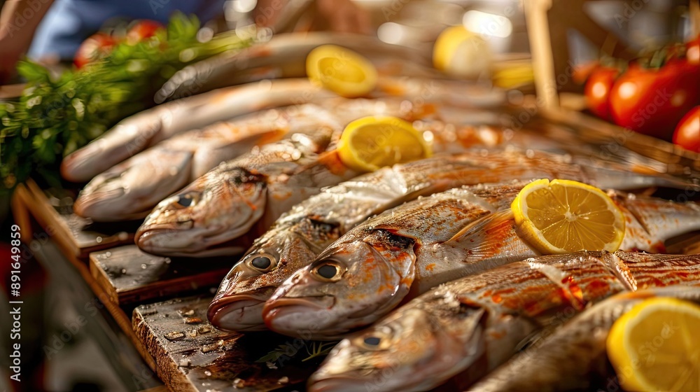 Fresh fish with lemon slices displayed on a wooden board, surrounded by vegetables and herbs, ready for cooking. Fresh fish with lemon slices displayed on a wooden board, surrounded by vegetables and herbs, ready for cooking.