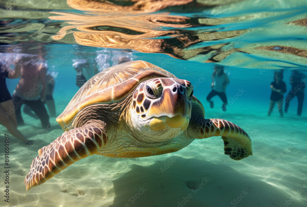 Obraz premium People are taking photos of sea turtles in the water, in the style of net art.