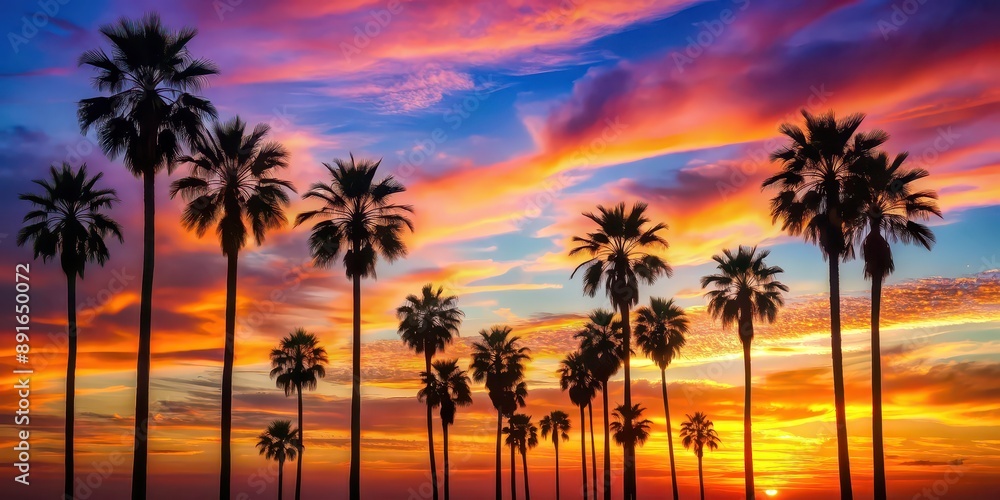 Silhouette of palm trees against a vibrant sunset sky , tropical, evening, nature, tranquil, vacation, relaxation, colorful Silhouette of palm trees against a vibrant sunset sky , tropical, evening, nature, tranquil, vacation, relaxation, colorful