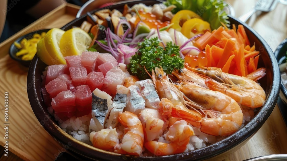 A vibrant seafood bowl featuring fresh tuna, shrimp, and vegetables, creating a colorful and appetizing meal presentation. A vibrant seafood bowl featuring fresh tuna, shrimp, and vegetables, creating a colorful and appetizing meal presentation.