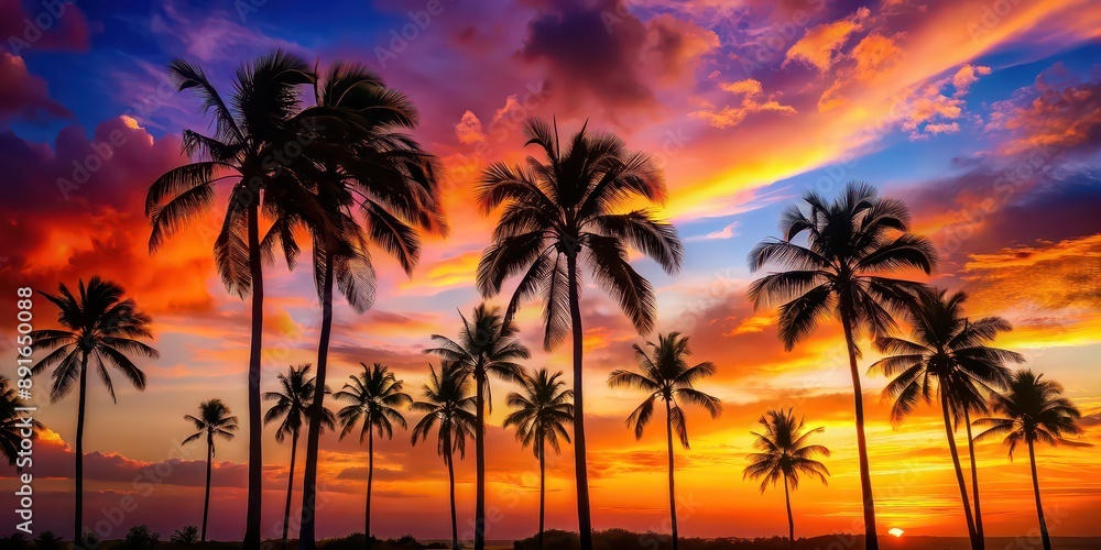 Silhouette of palm trees against a vibrant sunset sky , tropical, evening, nature, tranquil, vacation, relaxation, colorful Silhouette of palm trees against a vibrant sunset sky , tropical, evening, nature, tranquil, vacation, relaxation, colorful