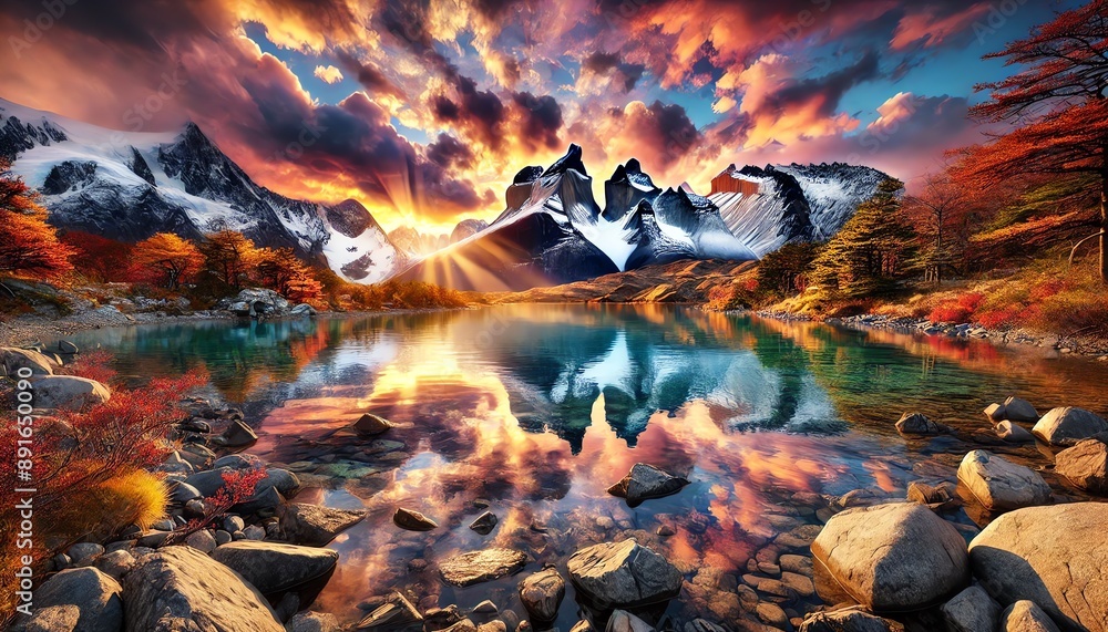 A landscape of a mountain range with snow-capped peaks reflecting in a pristine, clear lake. A landscape of a mountain range with snow-capped peaks reflecting in a pristine, clear lake.