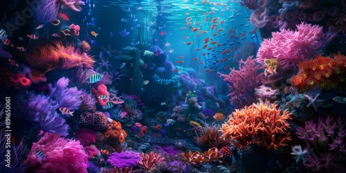 A surreal underwater scene filled with colorful marine life, ideal for an imaginative flyer background that captures the beauty and wonder of the ocean photo