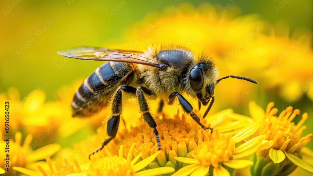 Black and yellow bee on a yellow flower , bee, flower, nature, insect, pollen, garden, wildlife, pollination, close-up, macro Black and yellow bee on a yellow flower , bee, flower, nature, insect, pollen, garden, wildlife, pollination, close-up, macro
