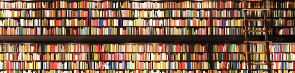 Sleek minimalistic library with vibrant book-filled shelves and a wooden ladder. Sleek minimalistic library with vibrant book-filled shelves and a wooden ladder.