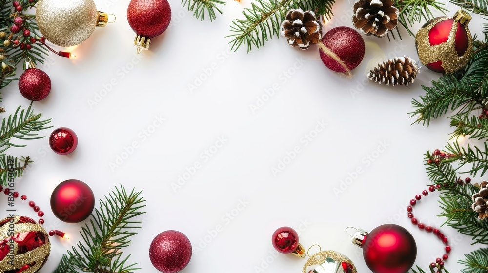 Festive Christmas Frame with Spruce Branches, Red and Gold Decorations on White Background. New Year Lights and Copy Space for Holiday Greetings. Flat Lay Design Concept Festive Christmas Frame with Spruce Branches, Red and Gold Decorations on White Background. New Year Lights and Copy Space for Holiday Greetings. Flat Lay Design Concept