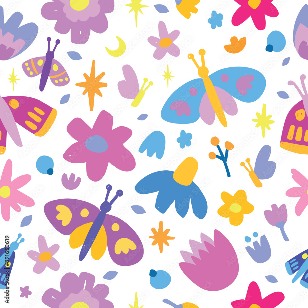Obraz premium Floral nature hand drawn seamless pattern with Moths. Vector vivid colorful backgrounds with flowers. Positive naive style