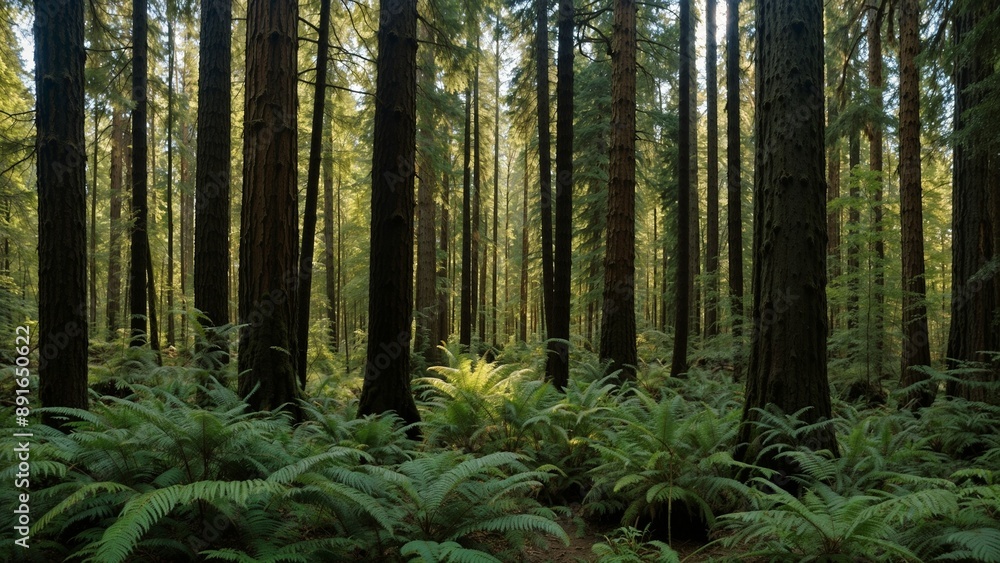 Obraz premium Dense Forest with Tall Trees, Sunlight Filtering Through, and Lush Ferns