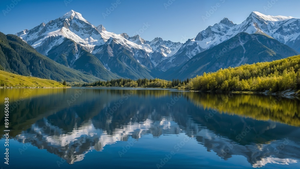 Snow-Capped Mountain Peaks Reflected in Pristine Lake with Forested Shore Snow-Capped Mountain Peaks Reflected in Pristine Lake with Forested Shore
